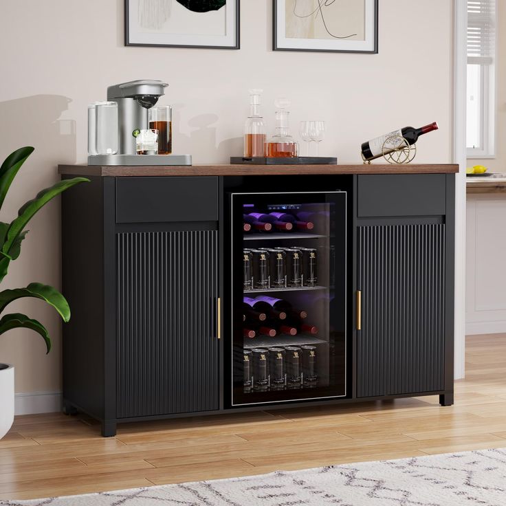 GDLF Large Coffee Bar Cabinet With Fridge Space Mini Fridge Cabinet With Wine Storage Buffet Sideboard Table For Home Fluted Modern Design53 2 L