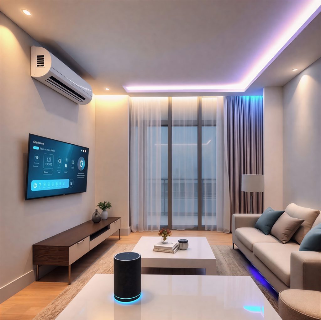 Smart Home Living Room – Futuristic Automated Comfort Imgupscaler.ai General 16K 1024x1020