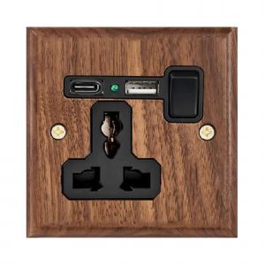 SMARTFY W Series Wall Socket with USB Type-A & Type-C – Black Walnut, 13A, Hotel & Home Use