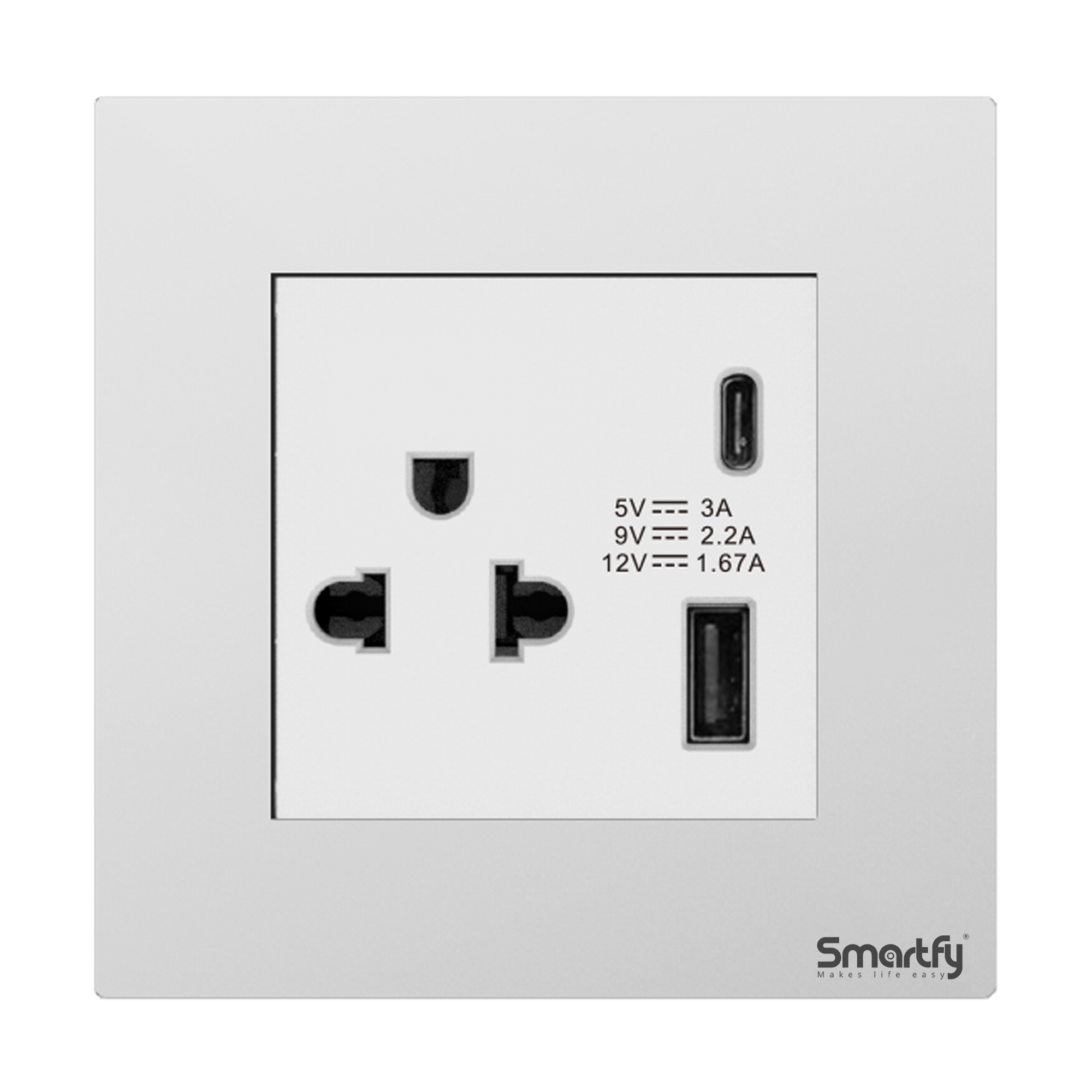 SMARTFY Thailand Socket with Dual USB (C + A) | Aluminum D8B High-Voltage Wall Socket