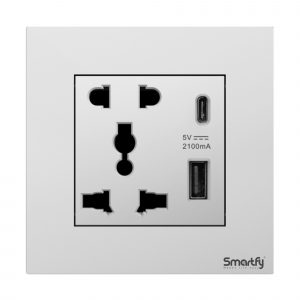 SMARTFY 2 Pin & 3 Pin Universal Socket with Dual USB (C + A, Normal Charge) | Aluminum D8B High-Voltage Wall Socket