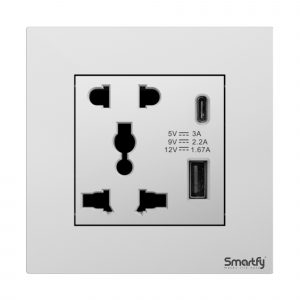 SMARTFY 2 Pin & 3 Pin Universal Socket with Dual USB (C + A, Fast Charge) | Aluminum D8B High-Voltage Wall Socket