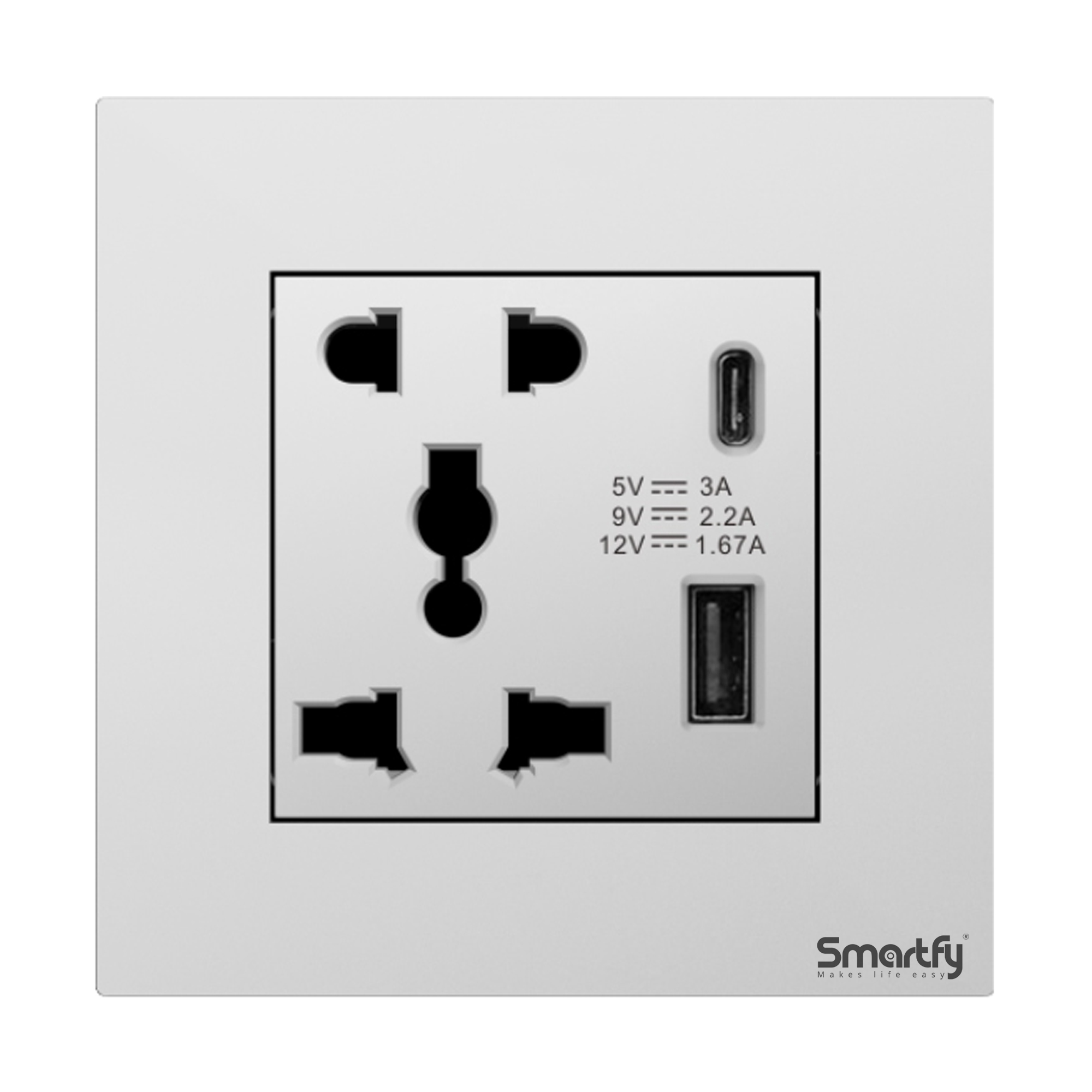 SMARTFY 2 Pin & 3 Pin Universal Socket with Dual USB (C + A, Fast Charge) | Aluminum D8B High-Voltage Wall Socket