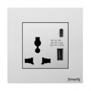 SMARTFY 3 Pin Universal Socket with Dual USB (C + A, Fast Charge) | Aluminum D8B High-Voltage Wall Socket