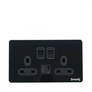 SMARTFY Double UK Socket with USB & Type-C | Black Stainless Steel 13A