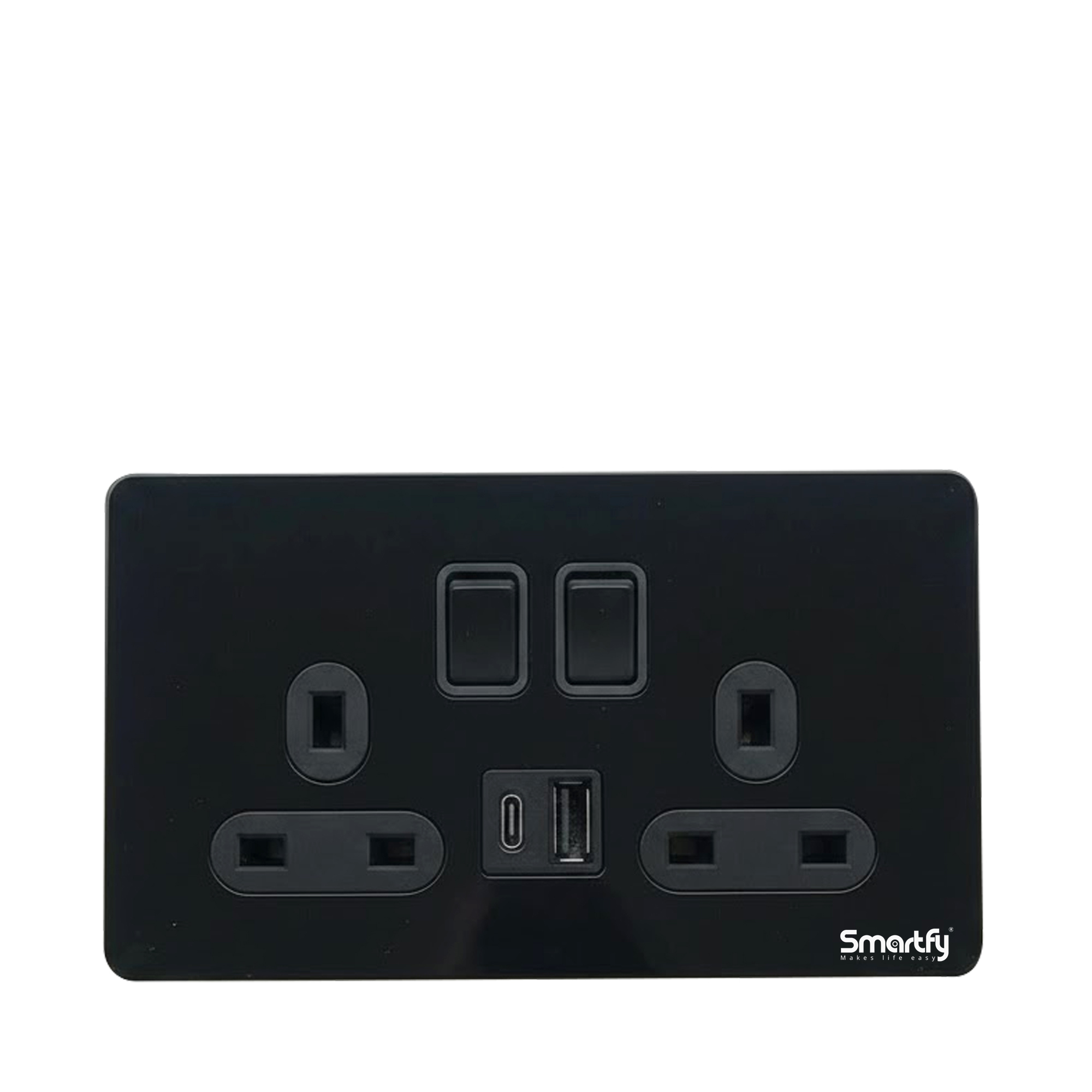 SMARTFY Double UK Socket with USB & Type-C | Black Stainless Steel 13A